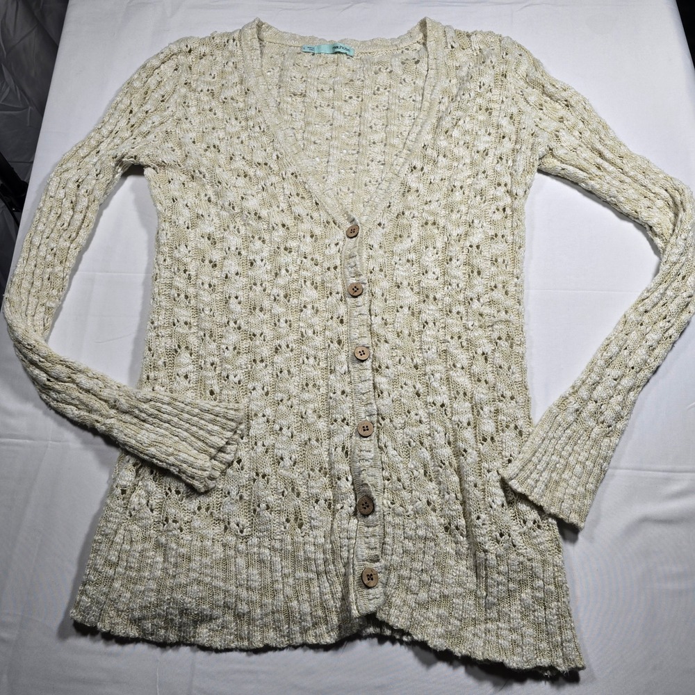 Maurices Womens Cream Tan Pointelle Knit Button‎ Front V-Neck Cardigan Sweater L